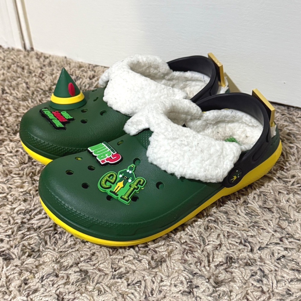 Crocs Elf Classic Lined Clogs Green Yellow Buddy Movie Jibbitz J3 Womens 5
